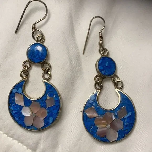 Genuine Lapis & mother ofSigned Alpoco Mexico Silver MosaicFlower Earrings